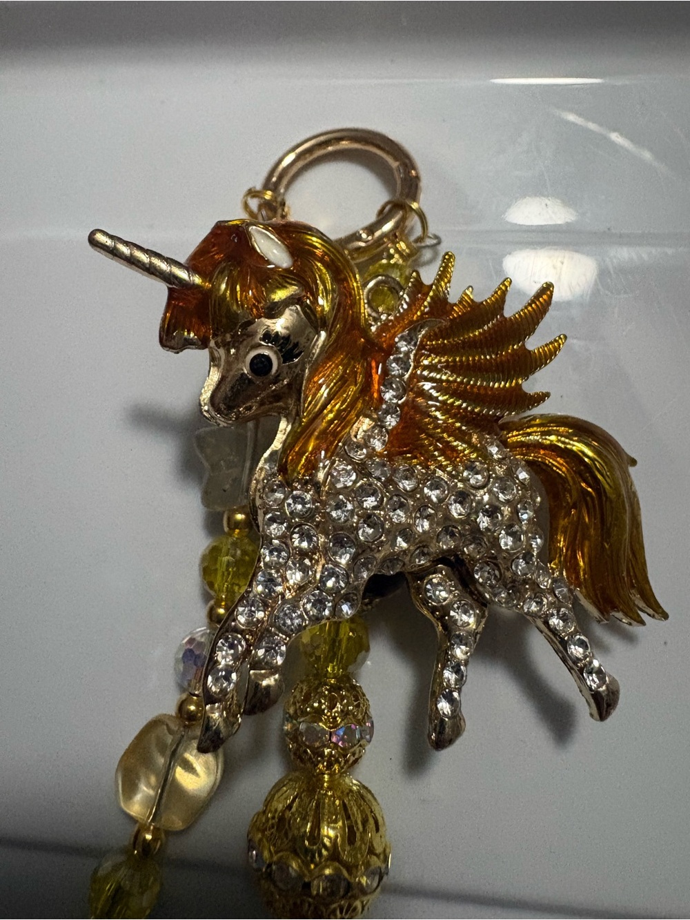 Gold-Tone Crystal Unicorn Keychain PURSE Charm with Yellow Enamel Mane